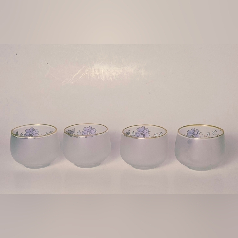 Vintage Frosted Floral Glasses Gold Rim Purple Flowers Set of 4 - Picture 7 of 8